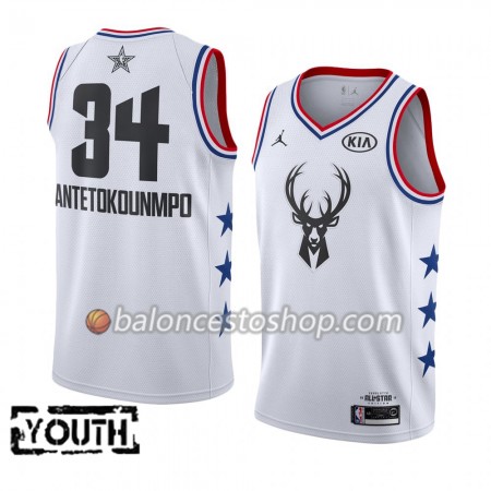 Camiseta Niños NBA Milwaukee Bucks Giannis Antetokounmpo 34 2019 All-Star Jordan Brand Blanco Swingman